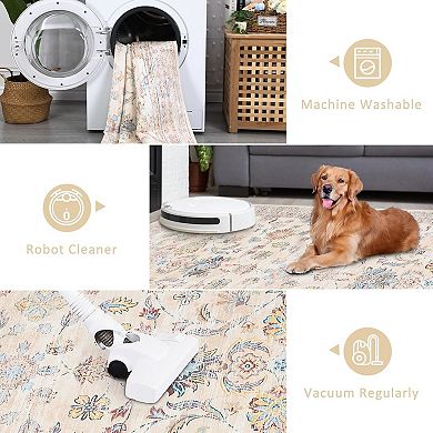 Washable Area Rugs,Large Vintage Rugs, Soft Low Pile，Rubber Backing