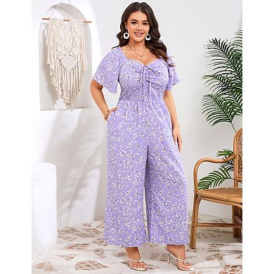 Plus Size Women Casual Floral Tie Front Wide Leg Jumpsuit