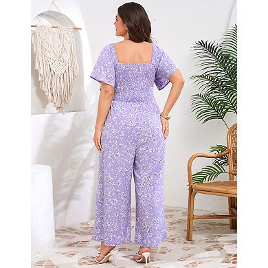 Plus Size Women Casual Floral Tie Front Wide Leg Jumpsuit