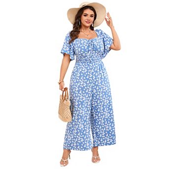 Plus Size Women Casual Floral Tie Front Wide Leg Jumpsuit