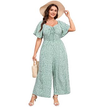 Plus Size Women Casual Floral Tie Front Wide Leg Jumpsuit
