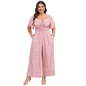 Plus Size Women Casual Floral Tie Front Wide Leg Jumpsuit