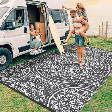 GlowSol Floral Outdoor Rug Modern Reversible Waterproof UV Resistant Plastic Straw Rug for Patio