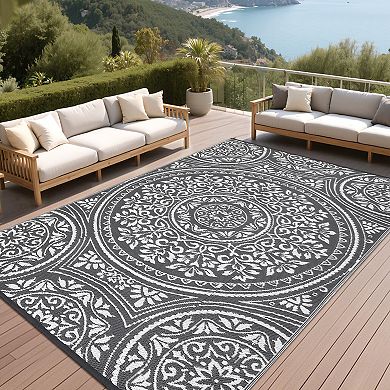 GlowSol Floral Outdoor Rug Modern Reversible Waterproof UV Resistant Plastic Straw Rug for Patio