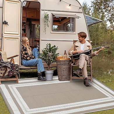 GlowSol Modern Geometric Outdoor Rugs Reversible UV Resistant Portable Bordered Plastic Straw Rug