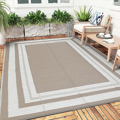 GlowSol Modern Geometric Outdoor Rugs Reversible UV Resistant Portable Bordered Plastic Straw Rug