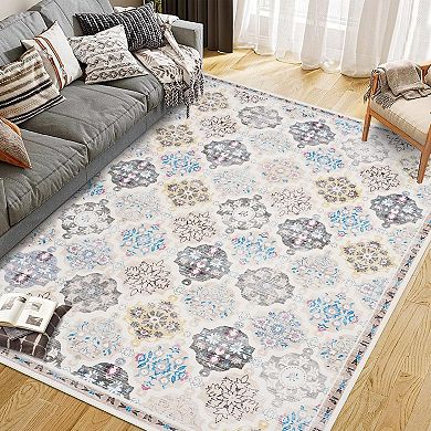 Boho Floral Checkerboard Washable,Non-Slip Oriental Accent Throw Carpet