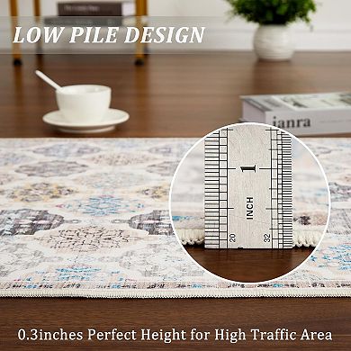 Boho Floral Checkerboard Washable,Non-Slip Oriental Accent Throw Carpet