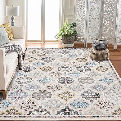 Boho Floral Checkerboard Washable,Non-Slip Oriental Accent Throw Carpet