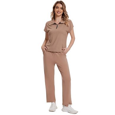 Women 2 Piece Outfit Causal Polo Collar Zip Rib Short Sleeve Top Wide Leg Pants Set for Work Office