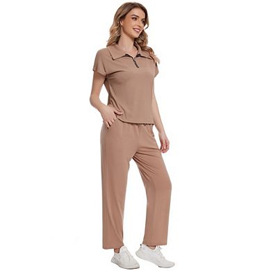 Women 2 Piece Outfit Causal Polo Collar Zip Rib Short Sleeve Top Wide Leg Pants Set for Work Office