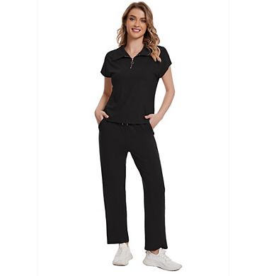 Women 2 Piece Outfit Causal Polo Collar Zip Rib Short Sleeve Top Wide Leg Pants Set for Work Office