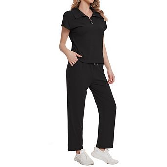 Women 2 pc Outfit Causal Polo Collar Zip Rib Short Sleeve Top Wide Leg Pants Set for Work Office