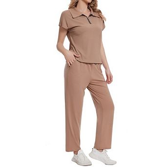 Women 2 pc Outfit Causal Polo Collar Zip Rib Short Sleeve Top Wide Leg Pants Set for Work Office