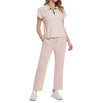 Women 2 pc Outfit Causal Polo Collar Zip Rib Short Sleeve Top Wide Leg Pants Set for Work Office