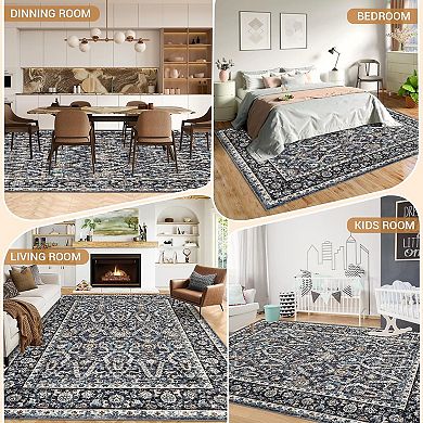 Boho Vintage Washable Large Area Rug - Ultra Thin Foldable Low Pile Rug, Non-Shedding