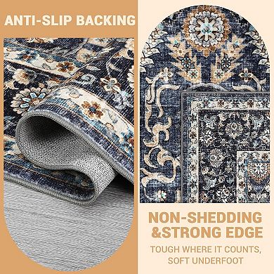 Boho Vintage Washable Large Area Rug - Ultra Thin Foldable Low Pile Rug, Non-Shedding