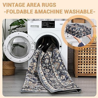 Boho Vintage Washable Large Area Rug - Ultra Thin Foldable Low Pile Rug, Non-Shedding