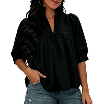 Womens Puff Sleeve V Neck Blouse Babydoll Peplum Tops Dressy Casual Pleated Loose Fit Shirts