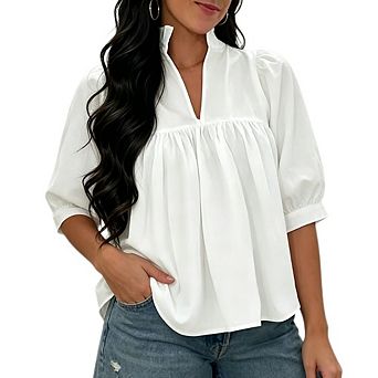 Womens Puff Sleeve V Neck Blouse Babydoll Peplum Tops Dressy Casual Pleated Loose Fit Shirts