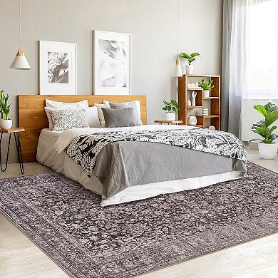 Large Area Rugs, Vintage Grey Floral Boho Washable Rug Carpet