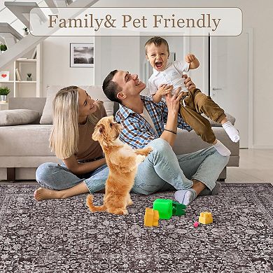 Large Area Rugs, Vintage Grey Floral Boho Washable Rug Carpet