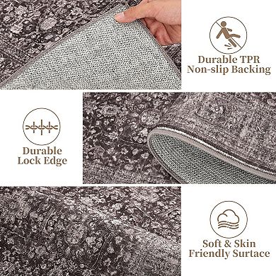 Large Area Rugs, Vintage Grey Floral Boho Washable Rug Carpet