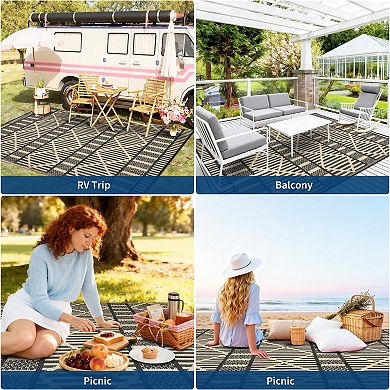 GlowSol Outdoor Rugs Geometric Reversible Waterproof UV Resistant Portable Plastic Straw Rug