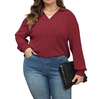 Womens Plus Sweater Dressy Casual Ribbed Knit V Neck Long Sleeve Loose Fit Pullover Top