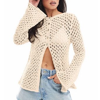 Womens Hollow Out Crochet Cover Up Bell Sleeve Button Cardigan Sheer Mesh Beach Cover up