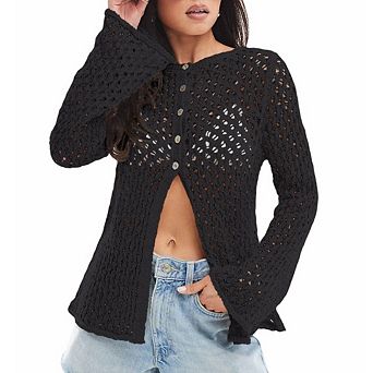Womens Hollow Out Crochet Cover Up Bell Sleeve Button Cardigan Sheer Mesh Beach Cover up