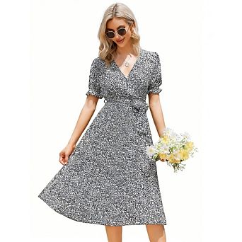 Womens Floral Wrap V-Neck Midi Dress Short Sleeve Tie Waist Pleated Hem A-Line Boho Summer Dress