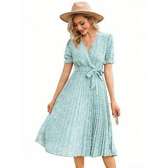 Womens Floral Wrap V-Neck Midi Dress Short Sleeve Tie Waist Pleated Hem A-Line Boho Summer Dress