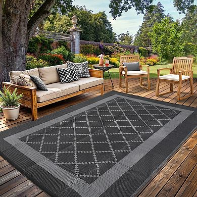GlowSol Geometric Outdoor Rugs Waterproof UV Resistant Reversible Plastic Straw Rug for Patio
