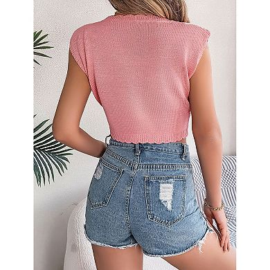 Women's Hollow Leaf Lace Collar Sleeveless Open Umbilical Knitted Sweater Vacation Top