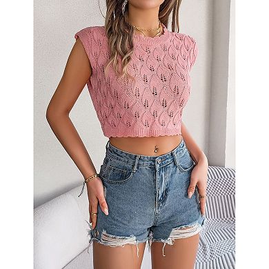 Women's Hollow Leaf Lace Collar Sleeveless Open Umbilical Knitted Sweater Vacation Top