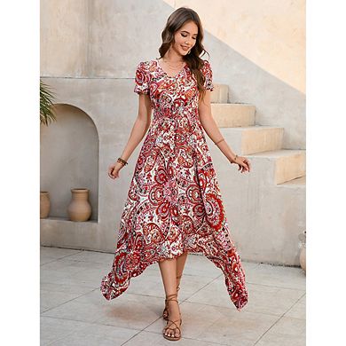 Women Short Sleeve Floral Long Dress with Flowy Hem