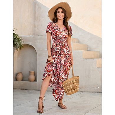 Women Short Sleeve Floral Long Dress with Flowy Hem