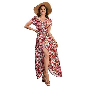 Women Short Sleeve Floral Long Dress with Flowy Hem
