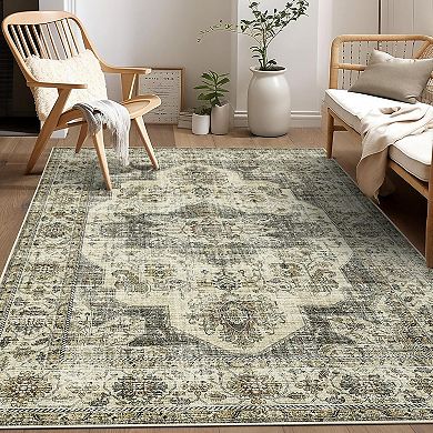 Washable Area Rugs,Non Slip,Oriental Medallion Area Rug Ultra-Thin Low Pile