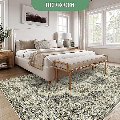 Washable Area Rugs,Non Slip,Oriental Medallion Area Rug Ultra-Thin Low Pile