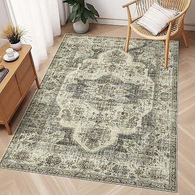 Washable Area Rugs,Non Slip,Oriental Medallion Area Rug Ultra-Thin Low Pile