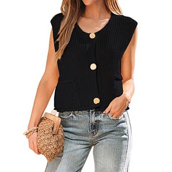 Women Sweater Vest Sleeveless Button Down Knitted Cardigan with Pockets
