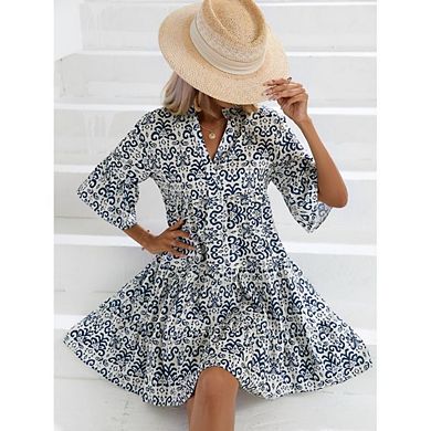 Womens Long Sleeve Dresses Casual V Neck Button Flowy Boho Mini Beach Dress