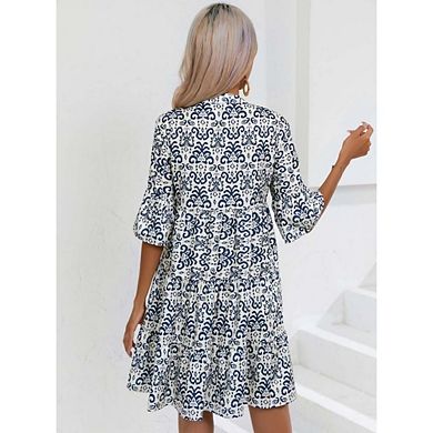 Womens Long Sleeve Dresses Casual V Neck Button Flowy Boho Mini Beach Dress