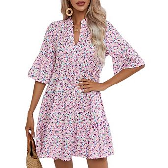 Womens Long Sleeve Dresses Casual V Neck Button Flowy Boho Mini Beach Dress
