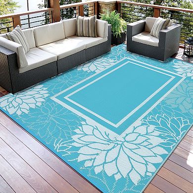 GlowSol Modern Bordered Outdoor Rugs Reversible Waterproof Plastic Straw Rug for Porch Garden