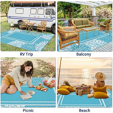 GlowSol Modern Bordered Outdoor Rugs Reversible Waterproof Plastic Straw Rug for Porch Garden