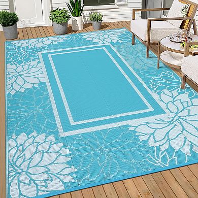 GlowSol Modern Bordered Outdoor Rugs Reversible Waterproof Plastic Straw Rug for Porch Garden