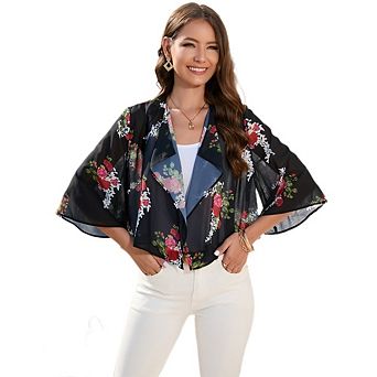 Womens 3/4 Sleeve Cropped Cardigan Casual Floral Chiffon Lapel Collar Open Front Summer Cover Up